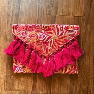 Mexican Artisan Embroidered Hot Pink and Gold Floral Tassel Cross Body Bag NEW